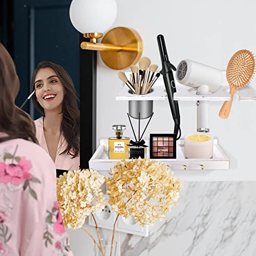 2 Layer Hair Dryer Holder, SHEGATO Wall Mounted Hair Tool Organizer, Hair Dryer and Styling Tool Holder, Wooden Blow Dryer Holder, Bathroom Countertop Storage for Curling Iron, Hair Straightener.