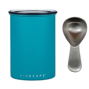 airscape stainless steel coffee canister & scoop bundle - food storage container - patented airtight lid pushes out excess air - preserve food freshness (medium, matte turquoise & brushed steel scoop)