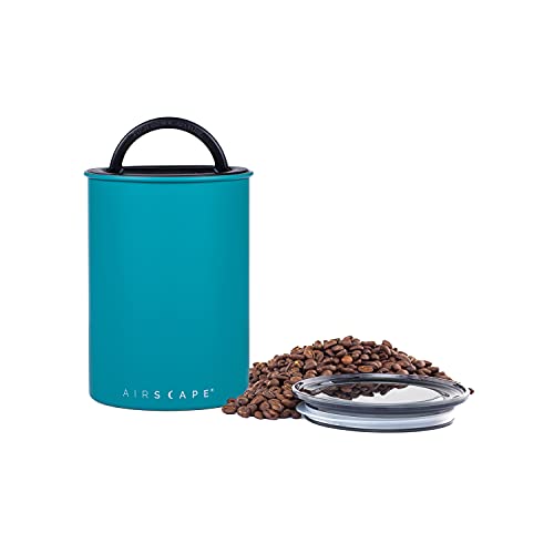 Airscape Stainless Steel Coffee Canister & Scoop Bundle - Food Storage Container - Patented Airtight Lid Pushes Out Excess Air - Preserve Food Freshness (Medium, Matte Turquoise & Brushed Steel Scoop)