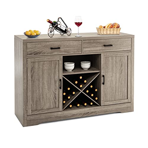 Giantex Buffet Cabinet, Farmhouse Sideboard with 2 Large Storage Drawers, Detachable Wine Rack, Wooden Kitchen Pantry Cupboard Credenza, Storage Cabinet for Living Room (Gray)