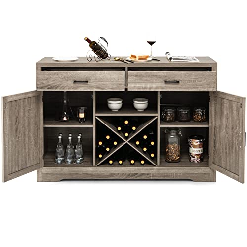 Giantex Buffet Cabinet, Farmhouse Sideboard with 2 Large Storage Drawers, Detachable Wine Rack, Wooden Kitchen Pantry Cupboard Credenza, Storage Cabinet for Living Room (Gray)