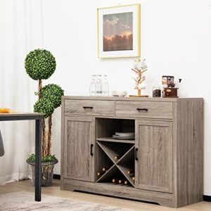 Giantex Buffet Cabinet, Farmhouse Sideboard with 2 Large Storage Drawers, Detachable Wine Rack, Wooden Kitchen Pantry Cupboard Credenza, Storage Cabinet for Living Room (Gray)