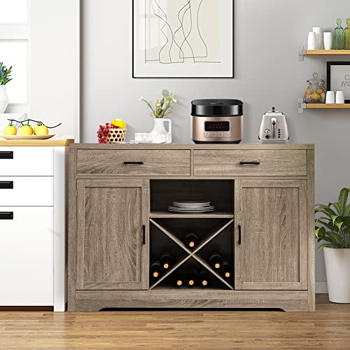 Giantex Buffet Cabinet, Farmhouse Sideboard with 2 Large Storage Drawers, Detachable Wine Rack, Wooden Kitchen Pantry Cupboard Credenza, Storage Cabinet for Living Room (Gray)