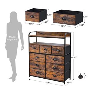 Enhomee Dresser for Bedroom, Chest of Drawers for Bedroom,Tall Dresser with 9 Drawer Dresser,Fabric Dresser for Closet with Wood Top for Nursery,Living Room,Entryway,2 Shelves,Metal Frame,Rustic Brown