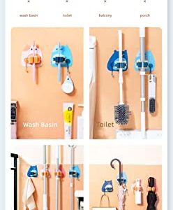 2- Pack Mop and Broom Holder Wall Mount with 1 Hook, Self Adhesive No Drilling Mop Hanger , Tool Organizer for Garage Orange & Blue CATH Cat Mop and Broom Holder