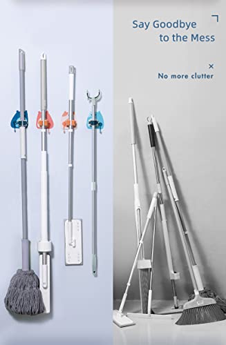 2- Pack Mop and Broom Holder Wall Mount with 1 Hook, Self Adhesive No Drilling Mop Hanger , Tool Organizer for Garage Orange & Blue CATH Cat Mop and Broom Holder