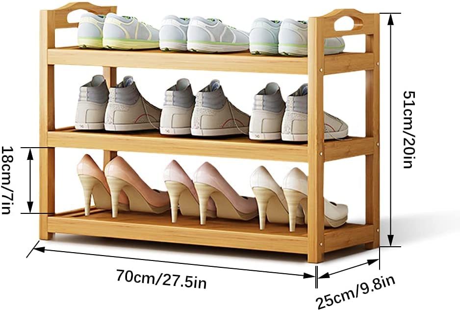 FEACM Bamboo Shoe Rack, 3-Tier Shoes Storage Organizer, Shoe Shelf for Entryway Boots Closet Free Standing Doorway, 70 x 25 x 51cm