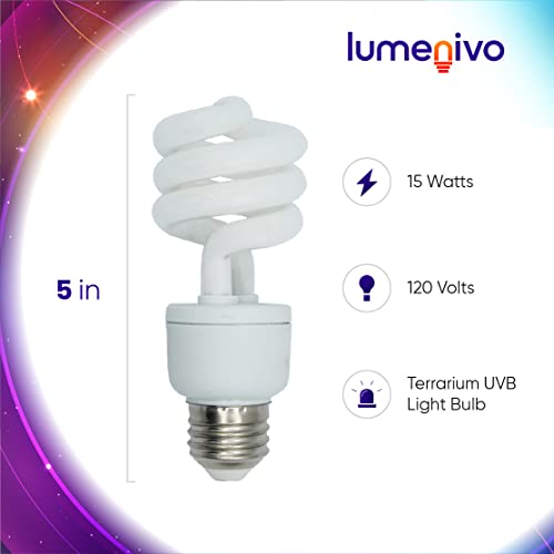 lumenivo 15 Watt UVB Reptile Light 5.0 15W Spiral Reptile Heat Terrarium Light Bulbs for Turtles, Gecko, Tortoise, Snake, Lizard, Chameleons, and Insects - 120V - 2 Pack