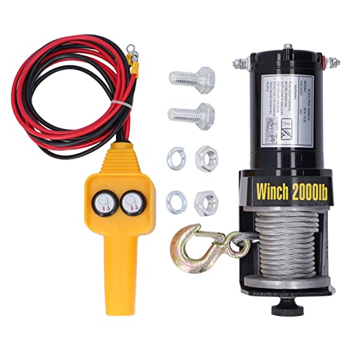 Electric Winch, 24V 2000LBS Load Capacity Electric Steel Cable ATV Winch Kits with Handheld Controller, Electric Winch kit with Buckle Design Alloy Steel Hook for Towing Boat Off Road Trailer
