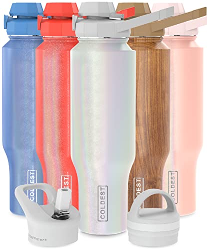 COLDEST Sports Water Bottle - 3 Lids (Chug Lid, Straw Lid, Handle Lid) Tumbler with Handle on Lid Water Bottles Cup Vacuum Insulated Stainless Steel, Fits Cirkul Lid (46 oz, Cosmic Ice Glitter)