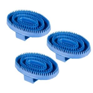 horze soft rubber curry comb brush with handle for horses, dogs, cats | 6" x 4" (pack of 3) - blue