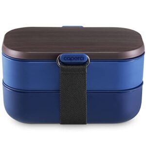 caperci modern bento box adult lunch box - 2 layers stackable leak-proof lunch container for adults & older kids, original sealing strap, built-in divider & utensil set, bpa free (navy blue)