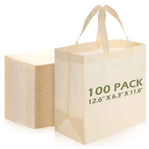 100 pieces reusable totes bag set non woven grocery bag with handles fabric portable tote bag bulk(beige)