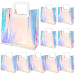 whaline 10pcs clear holographic small gift bags 7.9 x 7.9 x 4 inch iridescent reusable tote pvc handbags waterproof gift wrap shopping bags for holiday wedding birthday baby shower party supplies