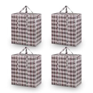 4 pack extra large durable storage tote bag for clothes with strong handle and zipper, sturdy and water resistant, alternative to moving boxes, packing supplies, checkered moving and organizer bag
