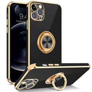 bentoben iphone 12 pro case with 360° ring holder, shockproof slim kickstand magnetic support car mount women men non-slip protective phone case for iphone 12 pro 6.1", black/gold
