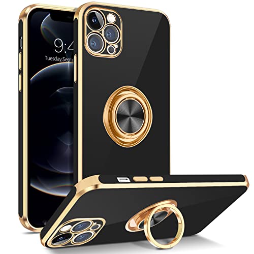 BENTOBEN iPhone 12 Pro Case with 360° Ring Holder, Shockproof Slim Kickstand Magnetic Support Car Mount Women Men Non-Slip Protective Phone Case for iPhone 12 Pro 6.1", Black/Gold