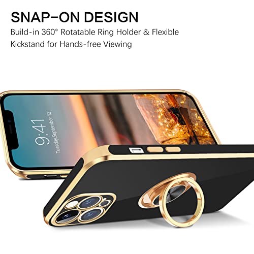 BENTOBEN iPhone 12 Pro Case with 360° Ring Holder, Shockproof Slim Kickstand Magnetic Support Car Mount Women Men Non-Slip Protective Phone Case for iPhone 12 Pro 6.1", Black/Gold