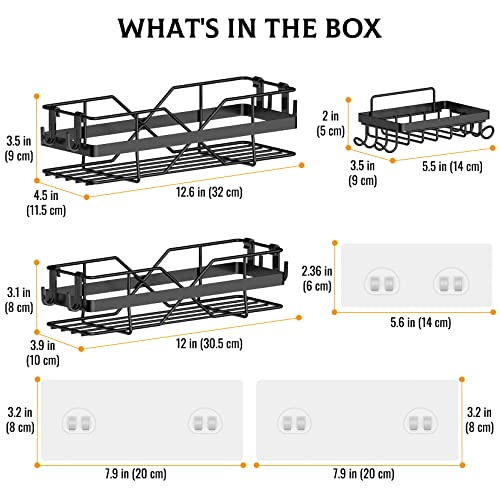 YASONIC Bathroom Shower Organizer, 3-Pack Adhesive Shower Caddy with Soap Holder and 12 Hooks, No Drilling Wall Mounted Rustproof Stainless Steel Shower Shelf, for Inside Shower, Bathroom, Black