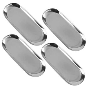 vilihkc 4 pack stainless steel towel tray metal storage organizer trays dish plate for bathroom vanity countertops, closets, dressers - holder for towels cosmetics jewelry and more(silver)