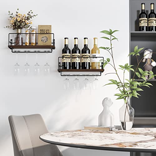 SODUKU Wall Mounted Wine Rack Wood Rustic Wine Bottle Glass Floating Shelves with Stemware Hanger Modern Wine Display Storage Holder for Kitchen Dining Room Bar Wall Décor Sef of 2