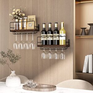 SODUKU Wall Mounted Wine Rack Wood Rustic Wine Bottle Glass Floating Shelves with Stemware Hanger Modern Wine Display Storage Holder for Kitchen Dining Room Bar Wall Décor Sef of 2