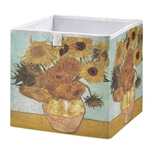 kigai van gogh sunflower art cube storage bin 11x11x11 in, large organizer collapsible storage basket for shelves, closet, storage room