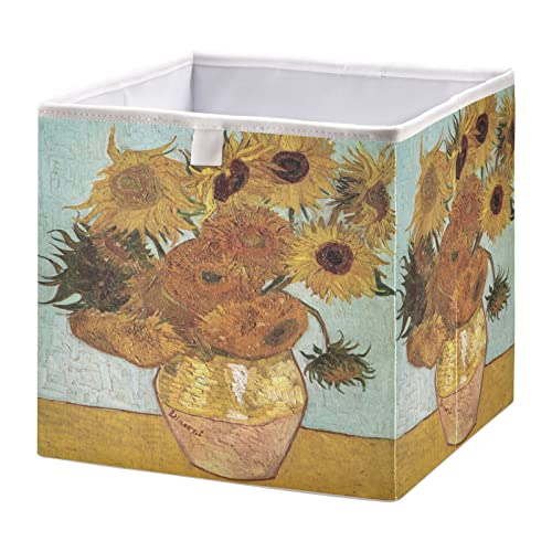 Kigai Van Gogh Sunflower Art Cube Storage Bin 11x11x11 in, Large Organizer Collapsible Storage Basket for Shelves, Closet, Storage Room