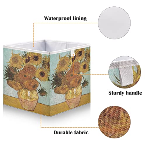 Kigai Van Gogh Sunflower Art Cube Storage Bin 11x11x11 in, Large Organizer Collapsible Storage Basket for Shelves, Closet, Storage Room