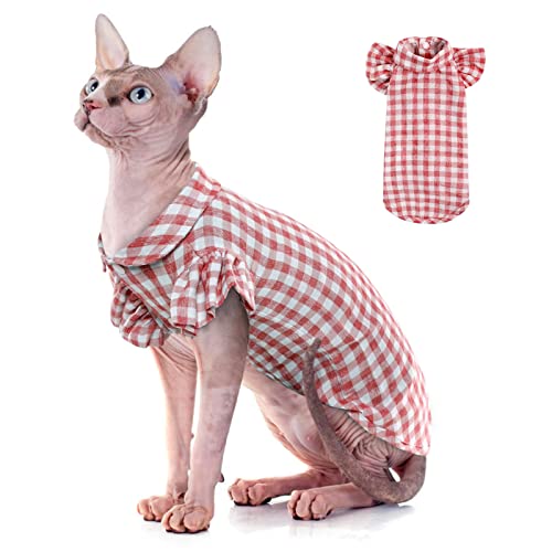 Yagamii Cotton Cat Clothes White and Red Plaid Cat Shirt with Cute Sleeves Dog Pet Apparel Kitten T-Shirt Breathable Pet Clothes Outfit Cat Costume for Kitty Small Dogs Puppy