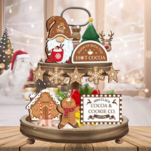 10 pieces christmas tiered tray decor-winter holiday gingerbread themed decor with hot cocoa bar and cute gnomes wooden signs for farmhouse rustic centerpiece home room table fireplace shelf