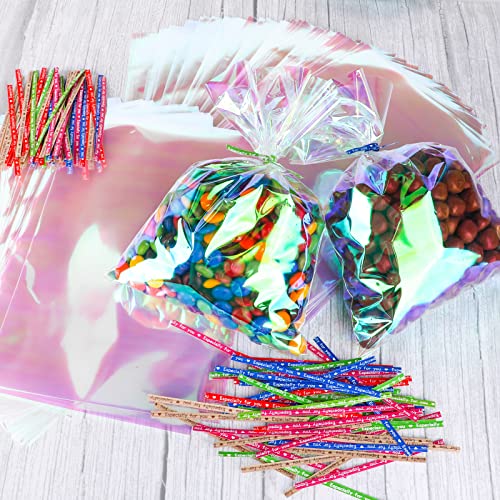 120pcs Cellophane Treat Bags, Iridescent Holographic Cellophane Bags 6x9 inch, Qpout Iridescent Holographic Cellophane Goodie Candy Cookie Bags, Iridescent Holographic Cellophane Party Favor Treat Bag