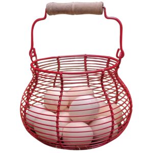 lincountry wire egg basket for gathering fresh eggs,red egg baskets for fresh egg farmhouse,egg collecting basket,round metal egg basket with handle,refrigerator countertop holder, kitchen storage bin