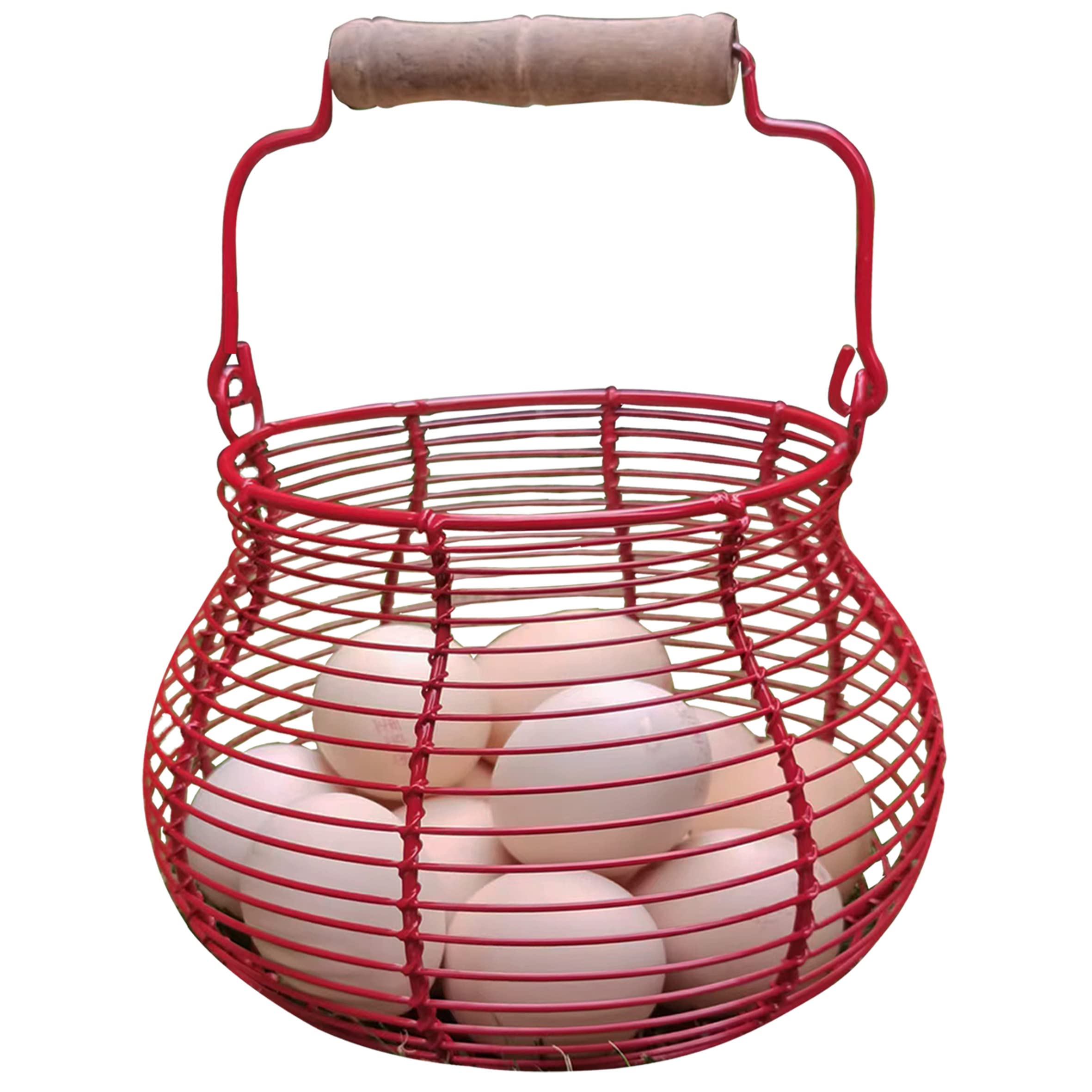 LINCOUNTRY Wire Egg Basket for Gathering Fresh Eggs,Red Egg Baskets for Fresh Egg Farmhouse,Egg Collecting Basket,Round Metal Egg Basket With Handle,Refrigerator Countertop Holder, Kitchen Storage Bin