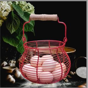 LINCOUNTRY Wire Egg Basket for Gathering Fresh Eggs,Red Egg Baskets for Fresh Egg Farmhouse,Egg Collecting Basket,Round Metal Egg Basket With Handle,Refrigerator Countertop Holder, Kitchen Storage Bin