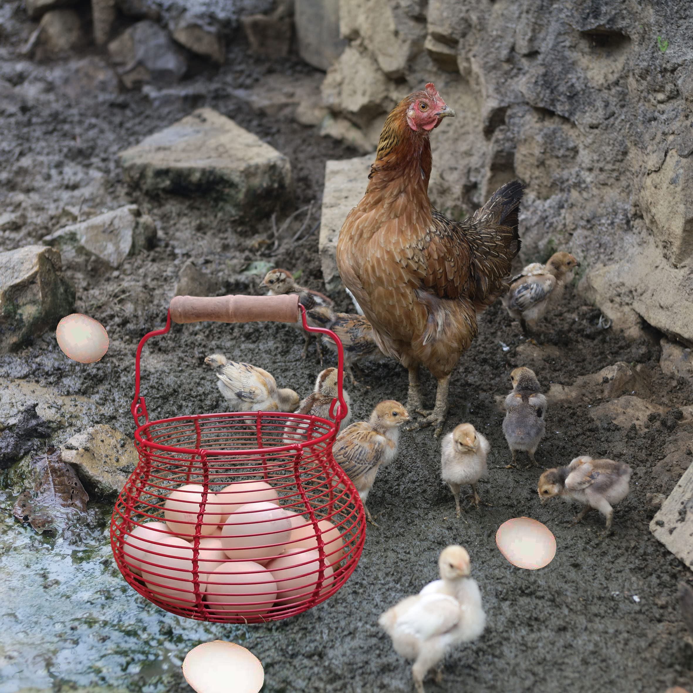LINCOUNTRY Wire Egg Basket for Gathering Fresh Eggs,Red Egg Baskets for Fresh Egg Farmhouse,Egg Collecting Basket,Round Metal Egg Basket With Handle,Refrigerator Countertop Holder, Kitchen Storage Bin