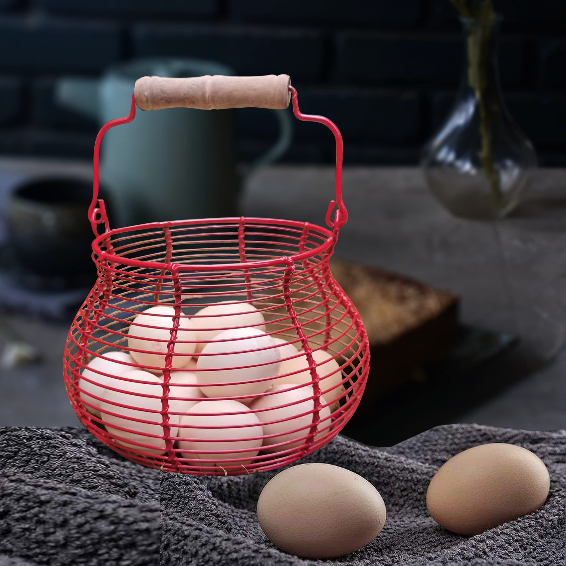 LINCOUNTRY Wire Egg Basket for Gathering Fresh Eggs,Red Egg Baskets for Fresh Egg Farmhouse,Egg Collecting Basket,Round Metal Egg Basket With Handle,Refrigerator Countertop Holder, Kitchen Storage Bin