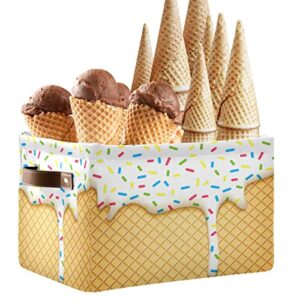 zoeo large storage basket, vanilla ice cream cone waffles foldable storages box organizer bins with leather handles for shelves closet bedroom, theme party