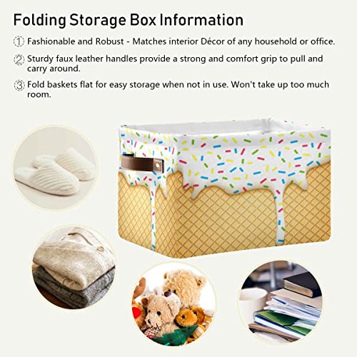 ZOEO Large Storage Basket, Vanilla Ice Cream Cone Waffles Foldable Storages Box Organizer Bins with Leather Handles for Shelves Closet Bedroom, Theme Party