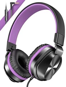 headphones, on-ear wired headphones with microphone, stereo sound headphones with 1.5m tangle-free cord for adults children purple