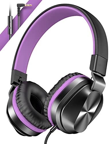 Headphones, On-Ear Wired Headphones with Microphone, Stereo Sound Headphones with 1.5m Tangle-Free Cord for Adults Children Purple