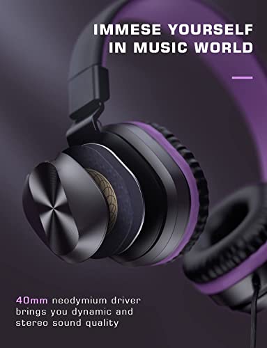 Headphones, On-Ear Wired Headphones with Microphone, Stereo Sound Headphones with 1.5m Tangle-Free Cord for Adults Children Purple