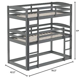 GLORHOME Twin Over Twin Triple Bed, Space Saving Wood Floor Bunk Bedframe with Safety Guardrail & Ladder for 3 Kids Teens, No Box Spring Needed, White