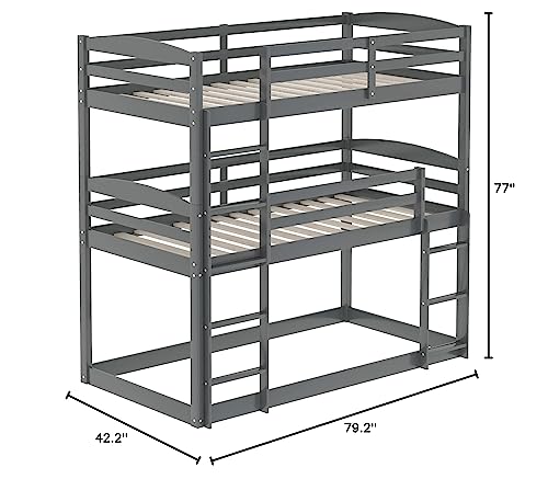 GLORHOME Twin Over Twin Triple Bed, Space Saving Wood Floor Bunk Bedframe with Safety Guardrail & Ladder for 3 Kids Teens, No Box Spring Needed, White