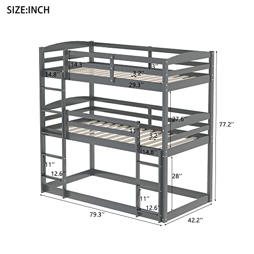 GLORHOME Twin Over Twin Triple Bed, Space Saving Wood Floor Bunk Bedframe with Safety Guardrail & Ladder for 3 Kids Teens, No Box Spring Needed, White