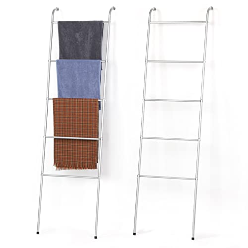 Blanket Ladder Bathroom Towel Holder Decorative Towel Rack 5 Tier Blanket Holder for Living Room Bathroom Laundry Room Silver, 2 Pack