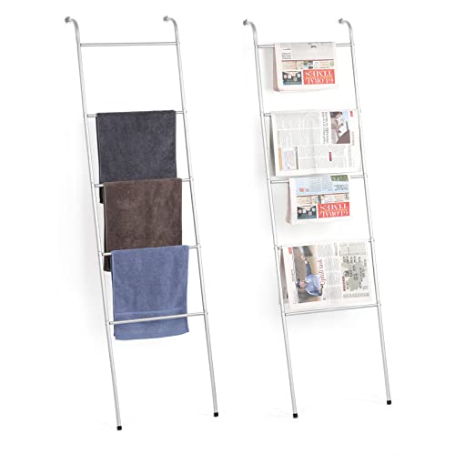 Blanket Ladder Bathroom Towel Holder Decorative Towel Rack 5 Tier Blanket Holder for Living Room Bathroom Laundry Room Silver, 2 Pack