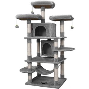 NEGTTE Cat Tree Tower for Indoor Cats,67 inches Extra Large Multi-Level Cat Condo with Sisal Scratching Posts for Large Cats Kitty Play House,Light Gray