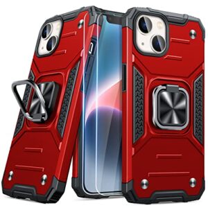 jame for iphone 14 case with screen protector [2 pcs], shockproof bumper case for iphone 14 case for women & men, heavy-duty protection with metal ring kickstand case for iphone 14, red
