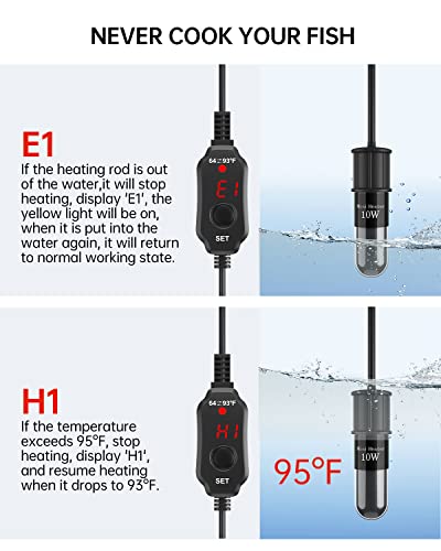 SILICAR Mini Aquarium Heater, 10W Fish Tank Heater with Built-in Thermometer, LED Display, External Temperature Controller, Submersible Turtle Tank Heater for 0.5-1 Gallon